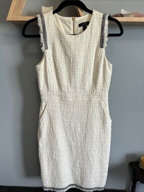 LOFT Cream Textured Midi Sheath Dress with Black Trim